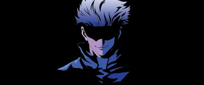 The Jujutsu Kaisen sorcerer drawn in flat blue tones on a black field, his blindfold pushed up and the right half of the frame left empty.