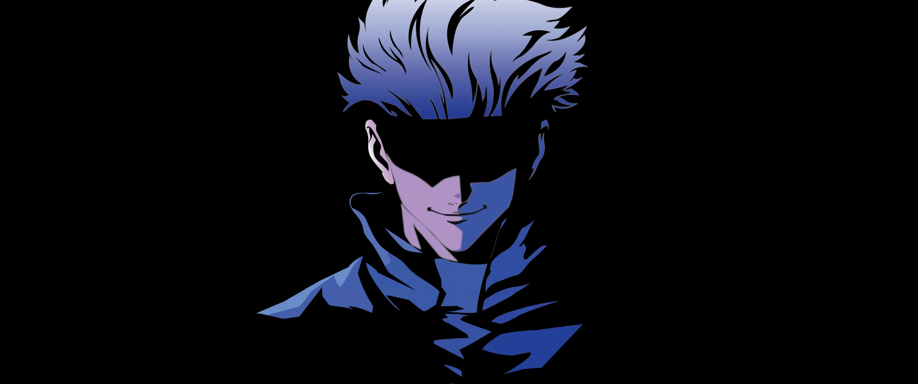 The Jujutsu Kaisen sorcerer drawn in flat blue tones on a black field, his blindfold pushed up and the right half of the frame left empty.