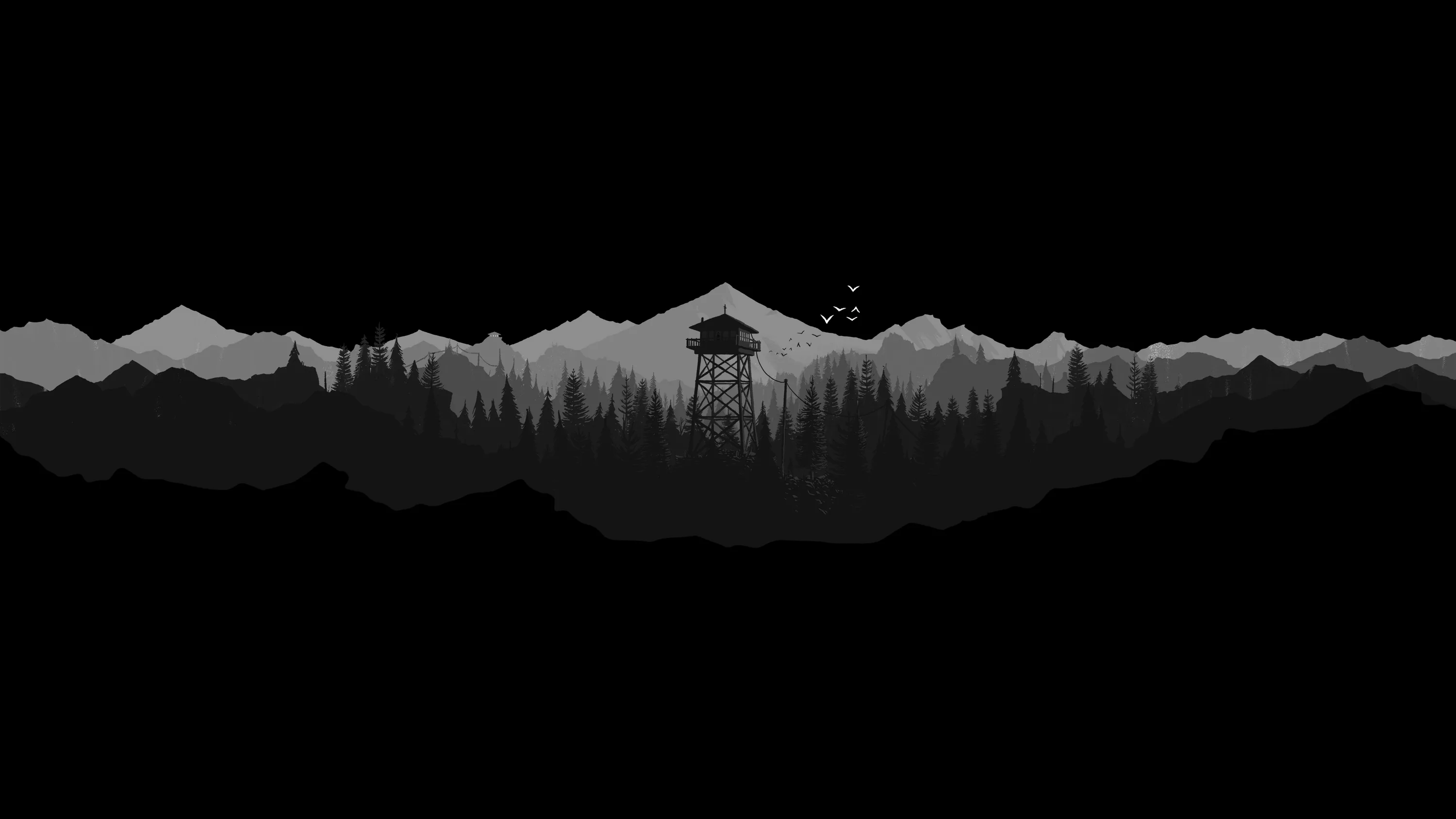 A watchtower stands on a ridge in silhouette with layered pine forest and hills receding behind it.