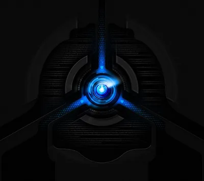 A blue lens glows at the hub of a dark three-bladed machine, its light falling off fast so most of the frame reads as black.