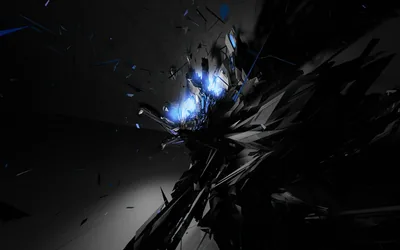 Splintered dark shapes burst outward from a small blue light, fragments scattering to the left across grey.