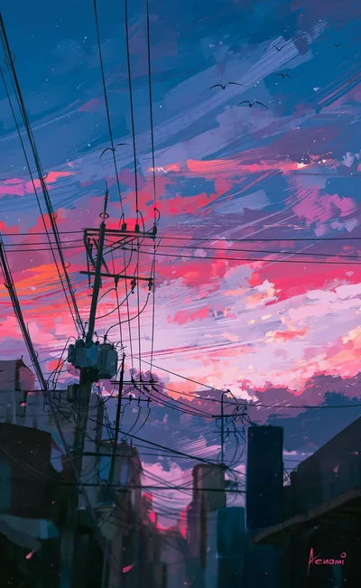 Digitally painted pink and crimson clouds tear across a deep blue evening sky, telephone poles and tangled wires silhouetted against the light.