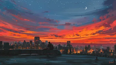 A digital painting of two figures on a rooftop ledge before a red-streaked evening sky, a crescent moon and faint stars hanging over the darkened skyline.