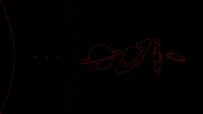 The planets outlined in dim red at true relative scale, trailing away from a partial sun at the left edge.