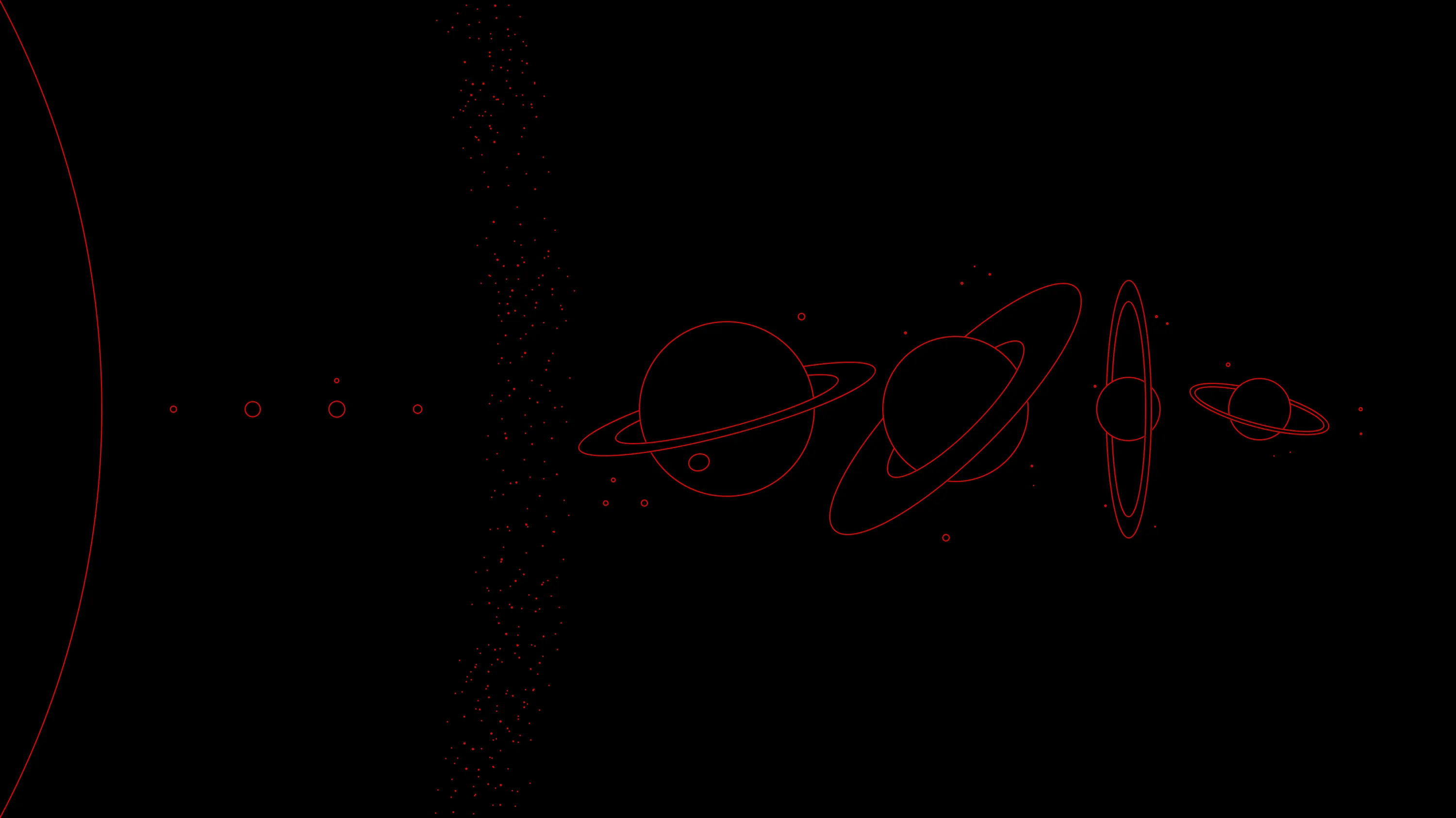 The planets outlined in dim red at true relative scale, trailing away from a partial sun at the left edge.