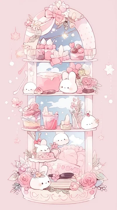 A tiered pink cabinet stacked with rabbits, cakes and roses runs the full height, busy from top to bottom, so widgets will overlap the art.