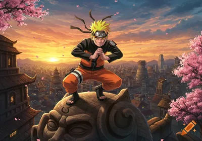 A CGI-styled Naruto crouches on a carved stone head above a sprawling city at dusk, cherry blossom branches framing both edges of the frame.