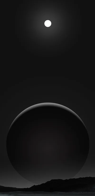 A near-black planet with a thin lit crescent rises over a low ridge, a single small moon burning white in the empty sky above it.