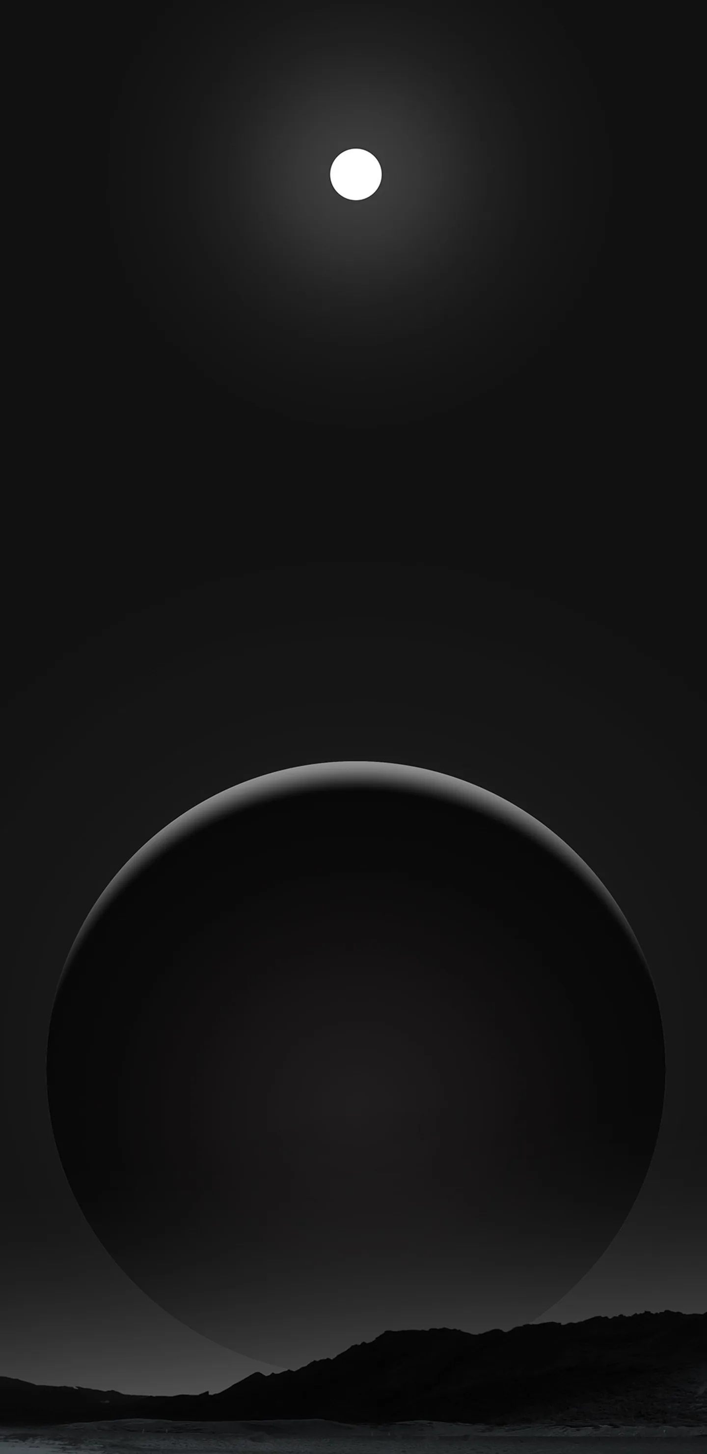 A near-black planet with a thin lit crescent rises over a low ridge, a single small moon burning white in the empty sky above it.