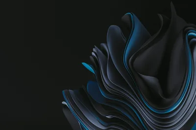 Layered black ribbons fold in on each other on the right, blue light catching along the inner edges.