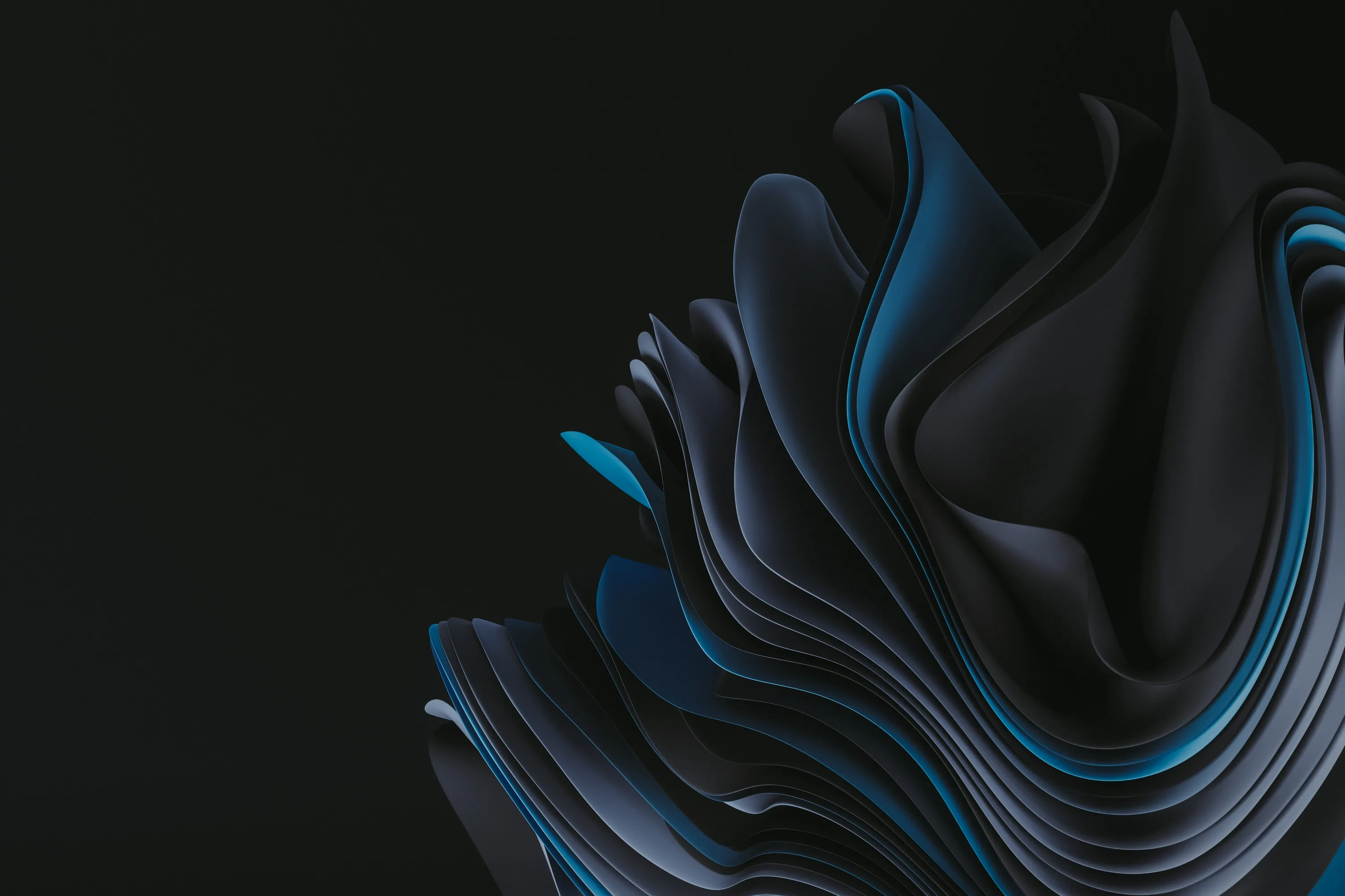 Layered black ribbons fold in on each other on the right, blue light catching along the inner edges.