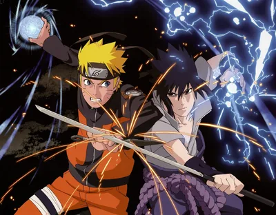 Naruto and Sasuke collide mid-fight, a Rasengan in one hand and Chidori lightning in the other, orange sparks scattering across the dark night behind them.