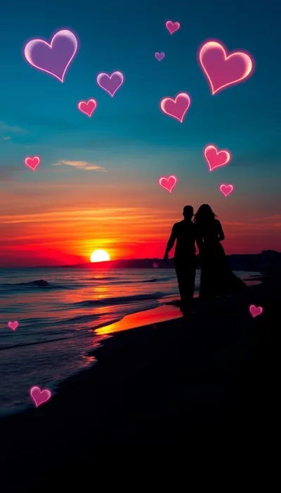 Two figures walk into a burning sunset over calm sea, glowing pink hearts floating up through the dark blue sky.