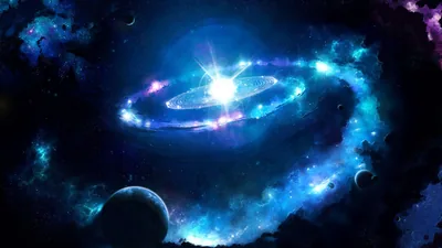 Digital art of a spiral galaxy drawn as neon blue rings around a white core, dark planet silhouettes resting along the bottom edge of the frame.
