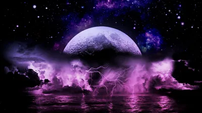 Forked lightning splits violet storm clouds beneath a rising textured moon, sea and galaxy sky rendered in saturated purple digital art.