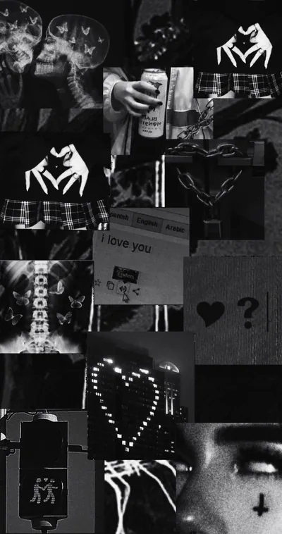 Plaid skirts, a string-light heart and an i love you note tile together so dark that most squares read as near black.