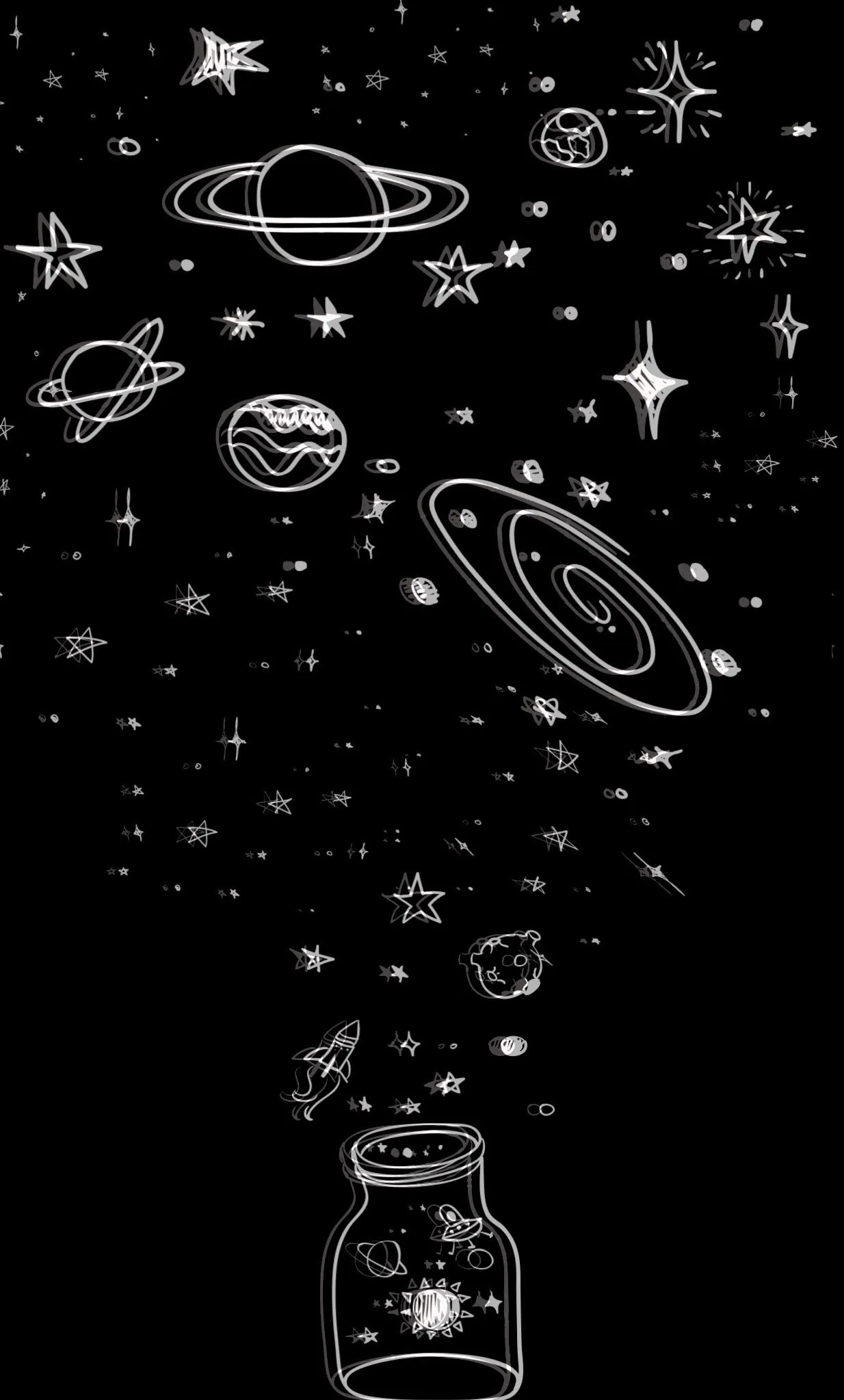 White chalk-style doodles of planets, stars and a spiral galaxy pour upward out of a small jar at the bottom of a black portrait frame.