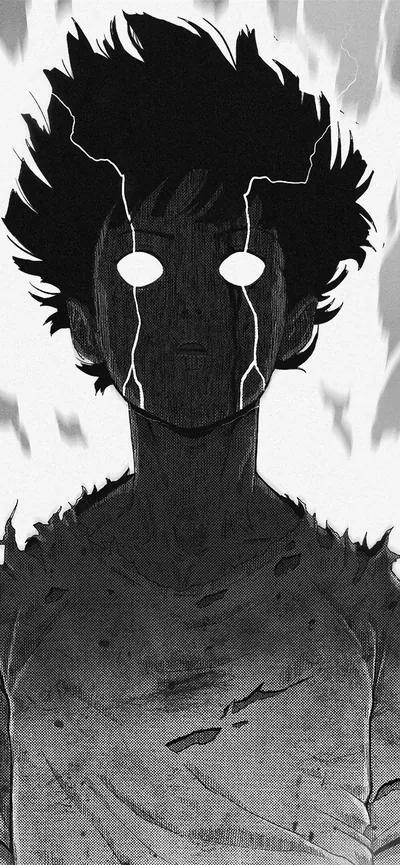 Hair lifting off his head, blank white eyes and torn clothes; the tall crop keeps his shoulders low and the top half almost blank.