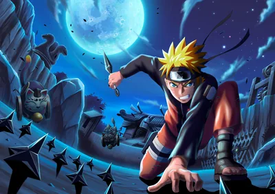A wider take on the same night scene: the ninja braced on a rooftop with shuriken in flight, moonlight picking out the tiled roofs below.