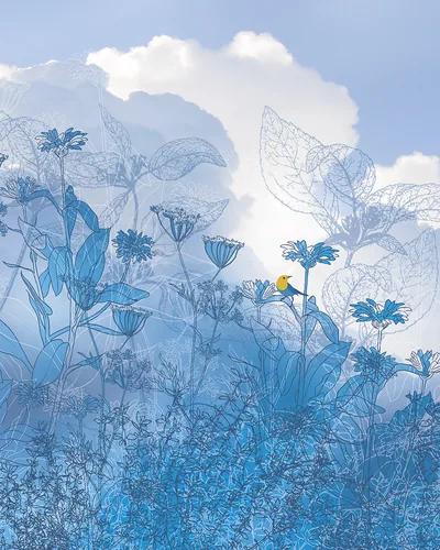 A layered illustration of wildflowers and leaves drawn in blue line art against white clouds, a single yellow bird perched near the centre.