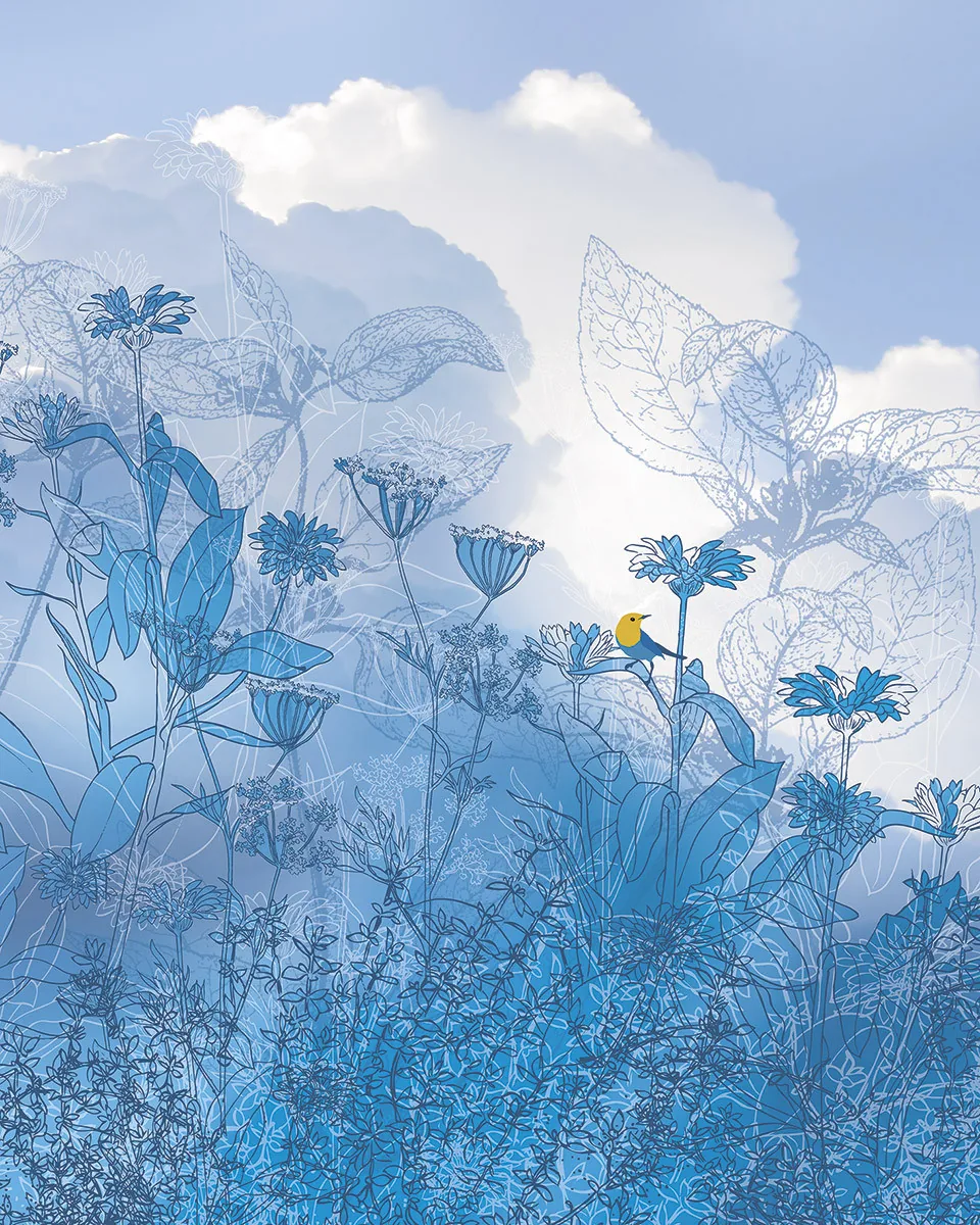 A layered illustration of wildflowers and leaves drawn in blue line art against white clouds, a single yellow bird perched near the centre.