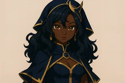Navy curls spill from a gold trimmed hood as she looks straight ahead, the cream background left plain so the cloak carries all the detail.