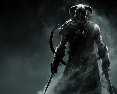 The Skyrim Dragonborn stands in horned helmet amid grey mist, weapons lowered at his sides, with the fog brightest just behind his shoulders.
