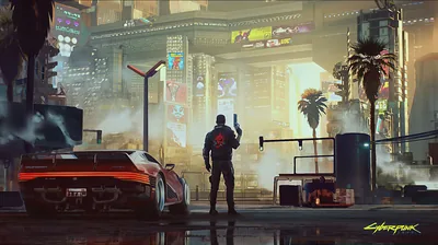 A merc raises his hand beside a white sports car outside an ornate gated complex, morning haze washing the scene in soft gold and grey.