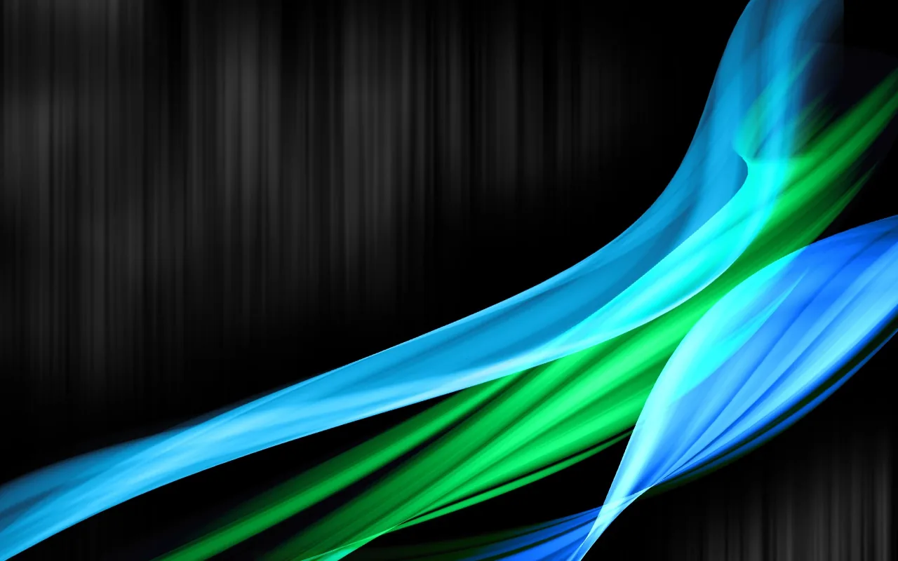 Smooth blue and green ribbons twist along the lower half of a black background streaked with faint vertical lines.