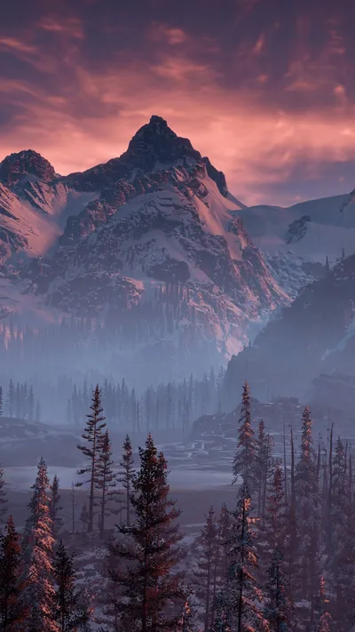 A horned peak looms over a fog-filled valley of pines under a pink evening sky, the dark forest floor leaving the bottom clear for icons.