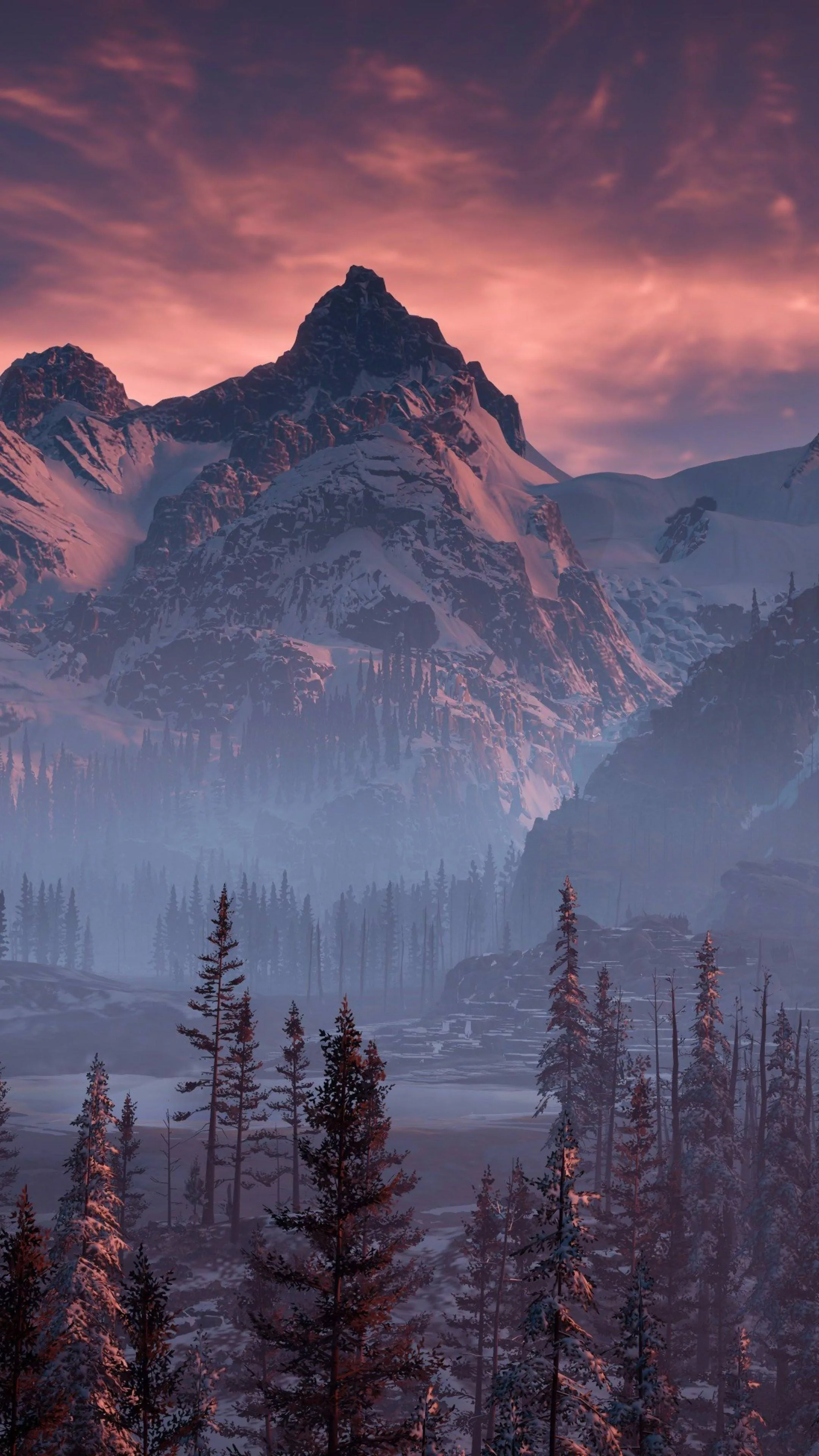 A horned peak looms over a fog-filled valley of pines under a pink evening sky, the dark forest floor leaving the bottom clear for icons.