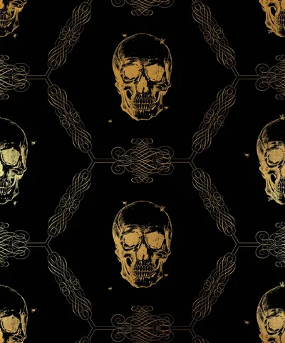 Gold line-drawn skulls sit inside a repeating filigree lattice on black, the curling flourishes linking one row to the next.
