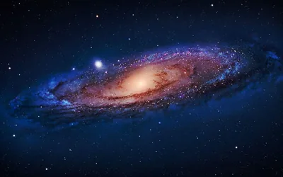 The Andromeda galaxy leans across the frame with a warm orange core, two small companion galaxies glowing nearby against the blue-black sky.