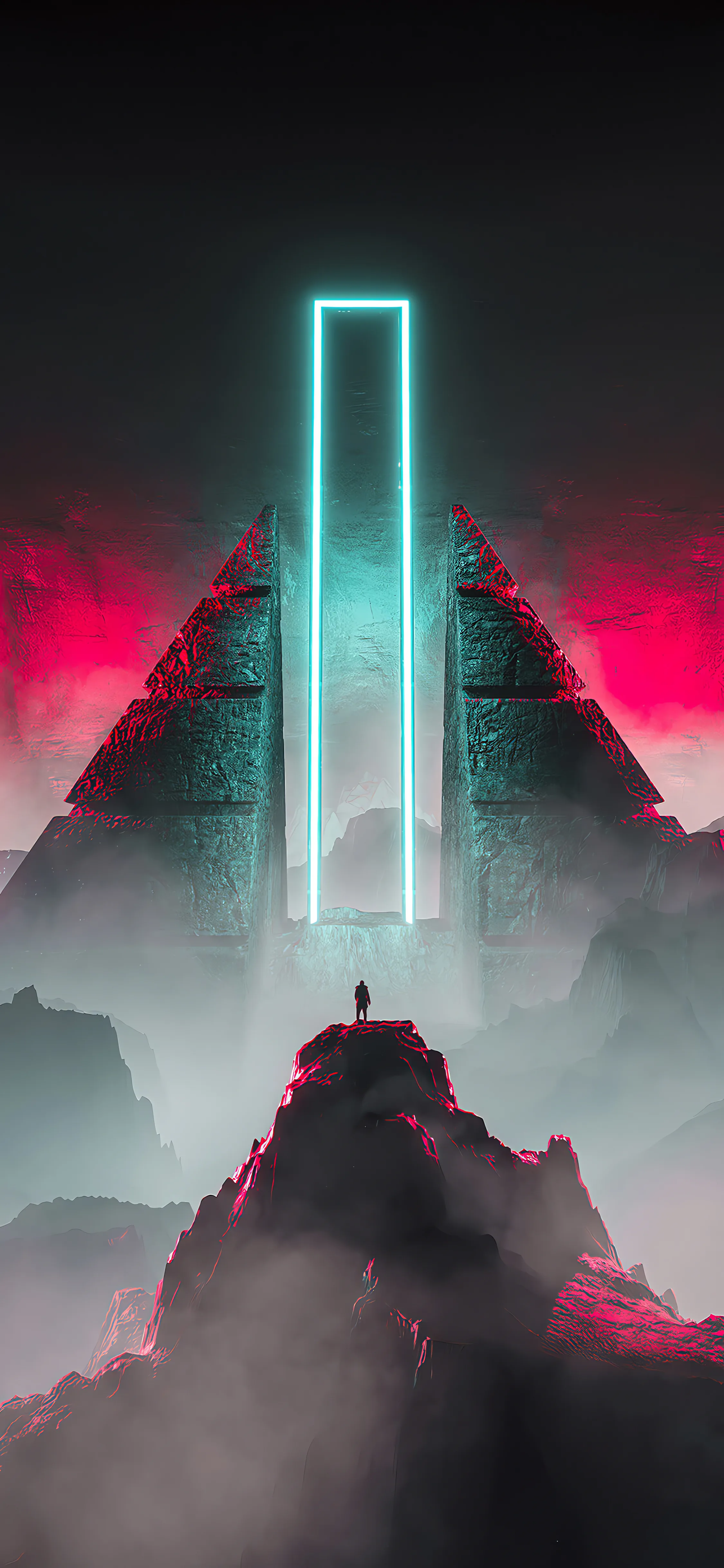 A tall white rectangle hovers between two pyramid-shaped peaks while red mist rolls through the valley, a single figure standing on the near summit.