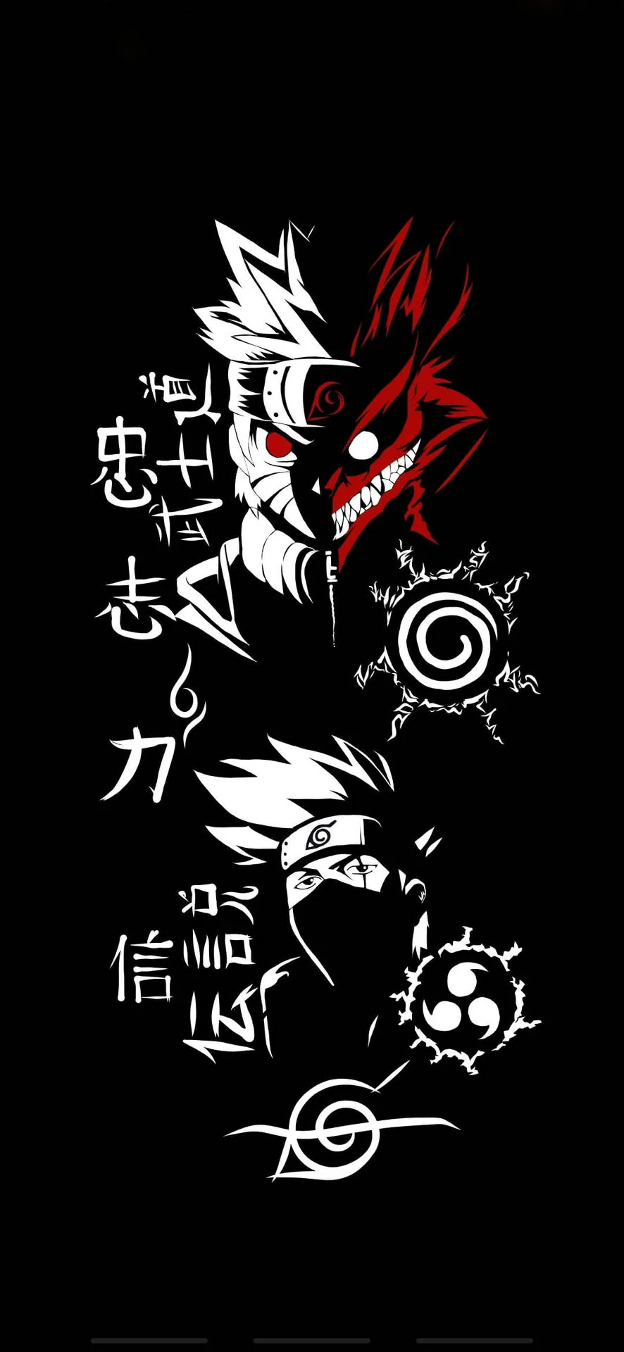 A snarling fox head in red and white ink sits on a tall black panel, ringed by spiral seals, a leaf crest and columns of Japanese characters.