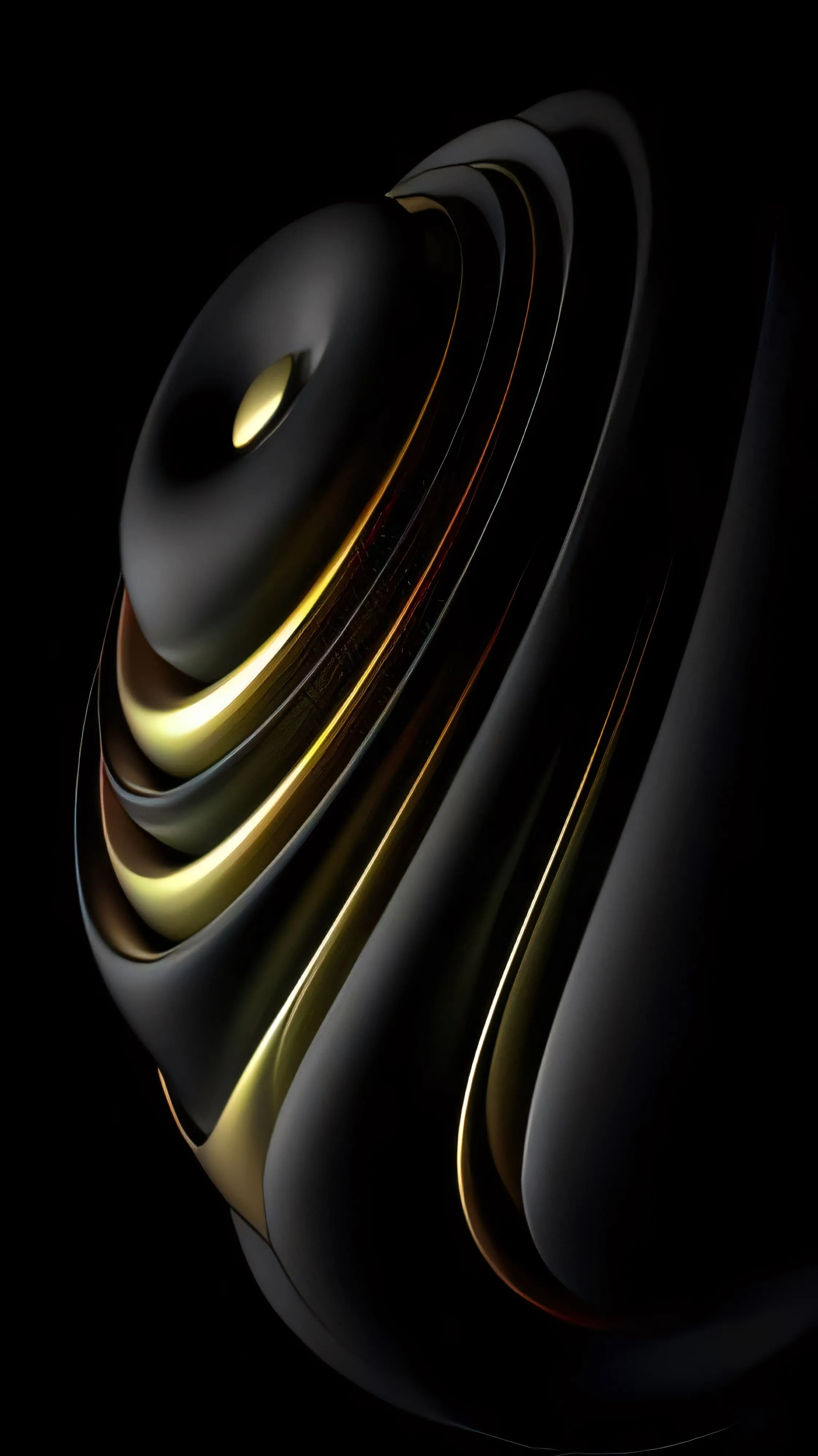A rounded black shape opens in stacked layers down the frame, thin gold lines running along every edge against a matte black ground.