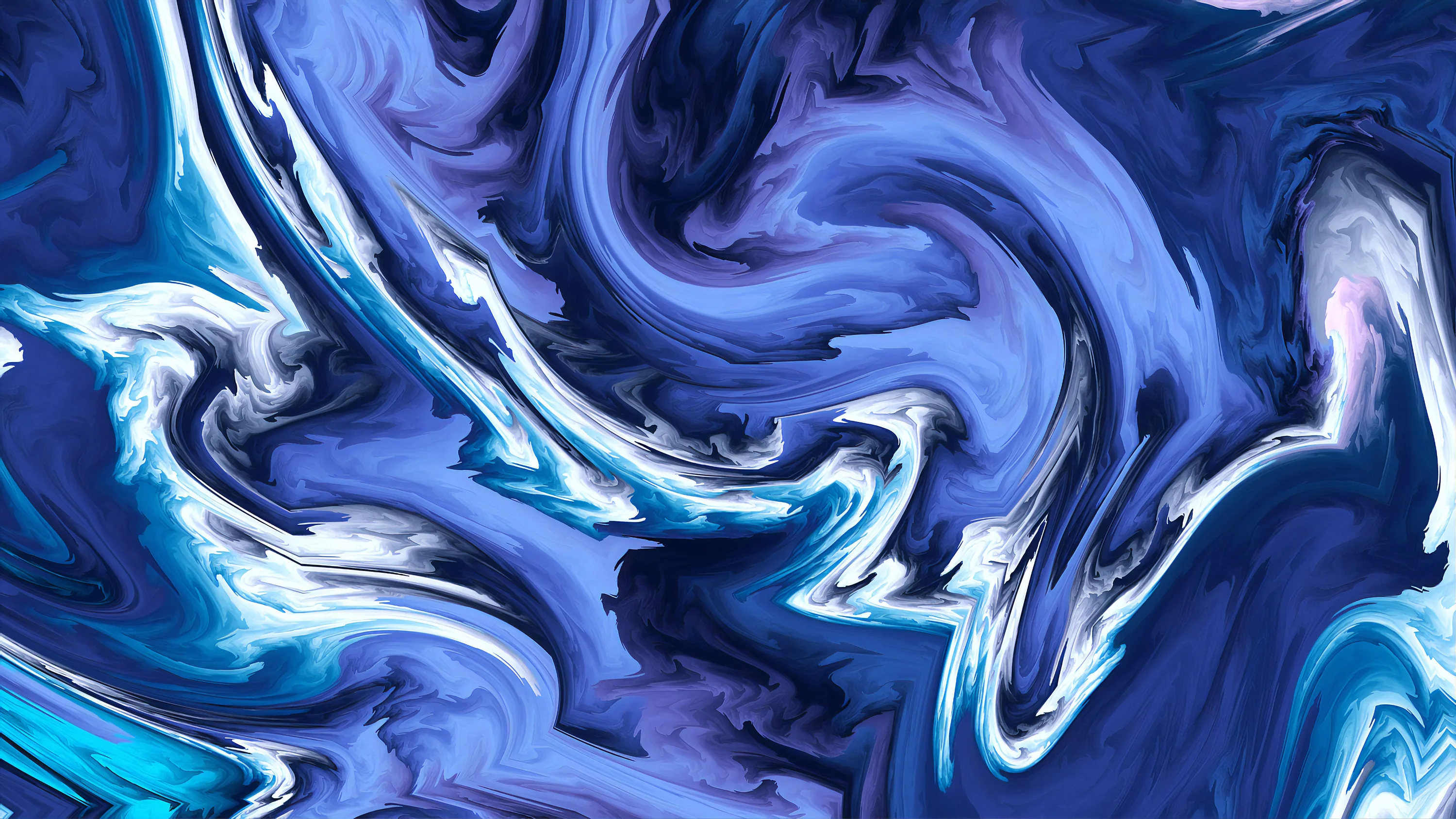 White veins thread through folds of periwinkle and navy paint in a widescreen marble swirl, the darkest pigment gathering toward the lower left corner.