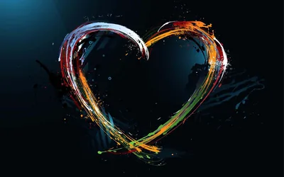 Ribbons of orange, blue and green liquid arc through the air and meet as a heart, droplets scattering across a near-black blue background.