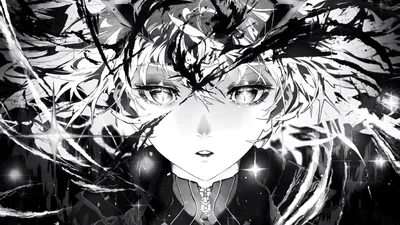 Her face fills the frame in black and white, feathered strands sweeping past both eyes and small glints catching along her collar.
