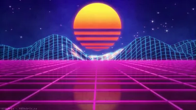 A banded orange sun sits between wireframe hills as a glowing magenta grid rolls forward — pure 80s synthwave, brightest along the bottom edge.