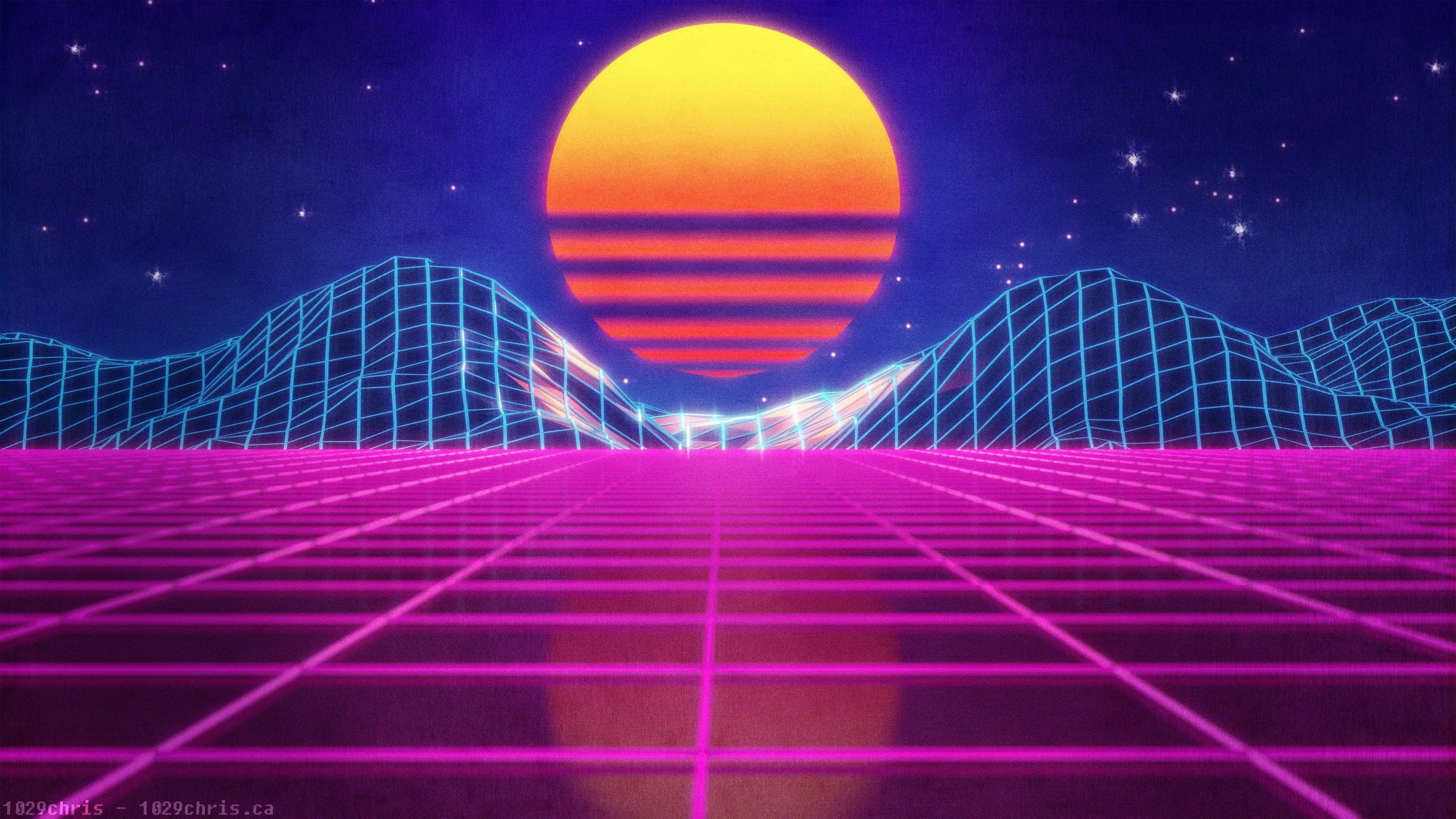 A banded orange sun sits between wireframe hills as a glowing magenta grid rolls forward — pure 80s synthwave, brightest along the bottom edge.
