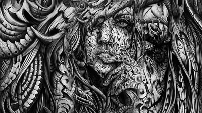 A face emerges from dense pen-and-ink filigree, every surface around it packed with swirls and mechanical scrollwork in pure monochrome.