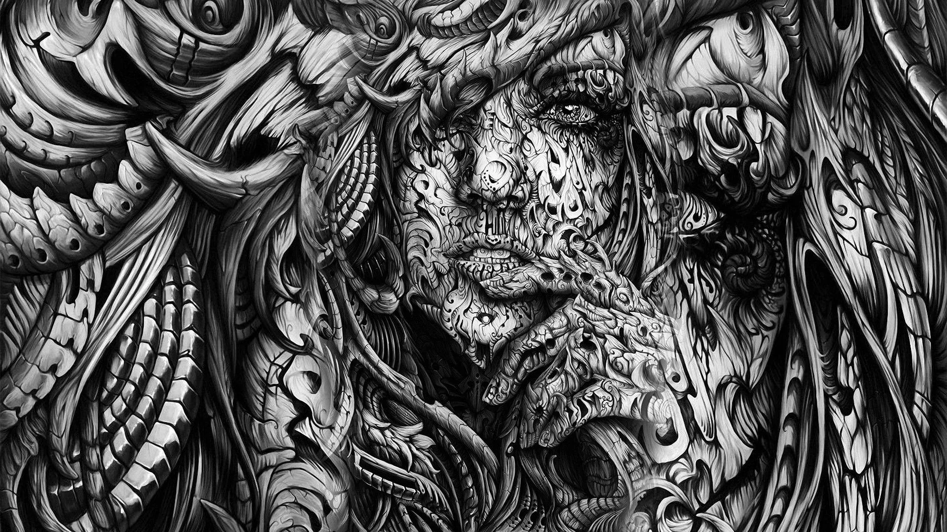 A face emerges from dense pen-and-ink filigree, every surface around it packed with swirls and mechanical scrollwork in pure monochrome.