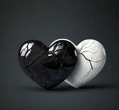 A cracked obsidian heart leans into a vein-lined white one in this 3D render, soft shadow pooling beneath them on smoky gray.