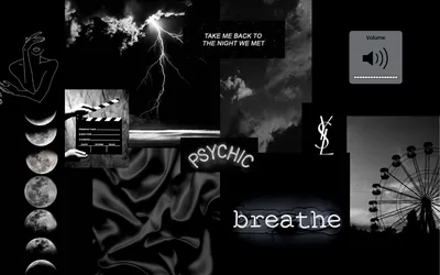 Moon phases, a lightning strike and a ferris wheel tile across a wide dark board, the word breathe glowing in neon near the centre.