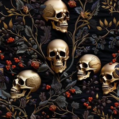 Five gilded skulls sit in a tangle of near-black foliage, red berries scattered through it in a pattern that repeats seamlessly.