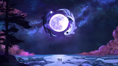 Two koi swirl around a full moon in a purple galaxy sky, two tiny figures watching from the frozen shore in this anime-style scene.