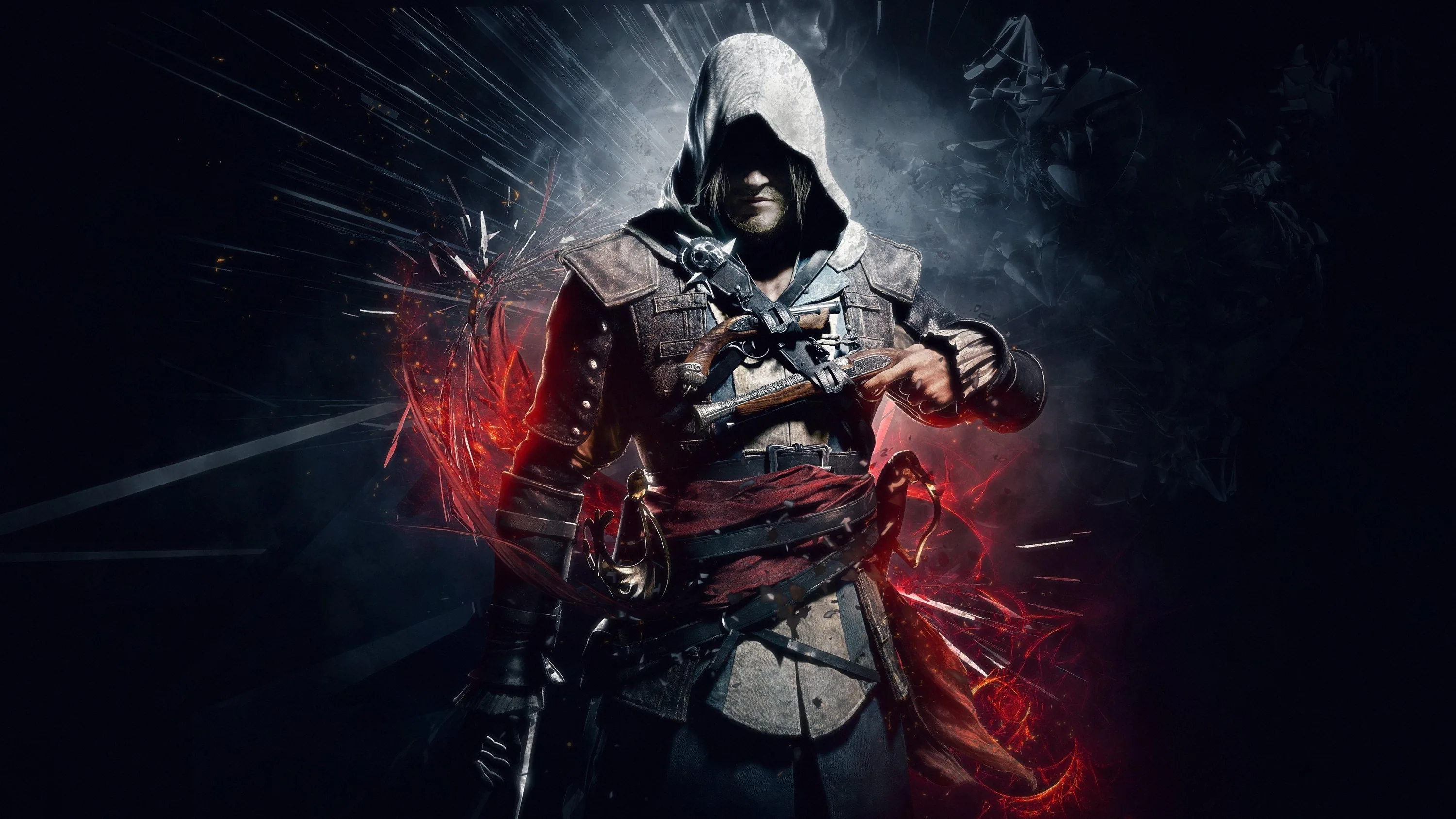 A hooded assassin stands mid-frame in white robes and leather straps, red shards bursting behind him while the corners stay black.