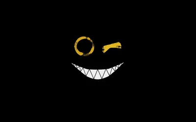 A wide toothy grin and one winking yellow eye drawn simply on a solid black background.