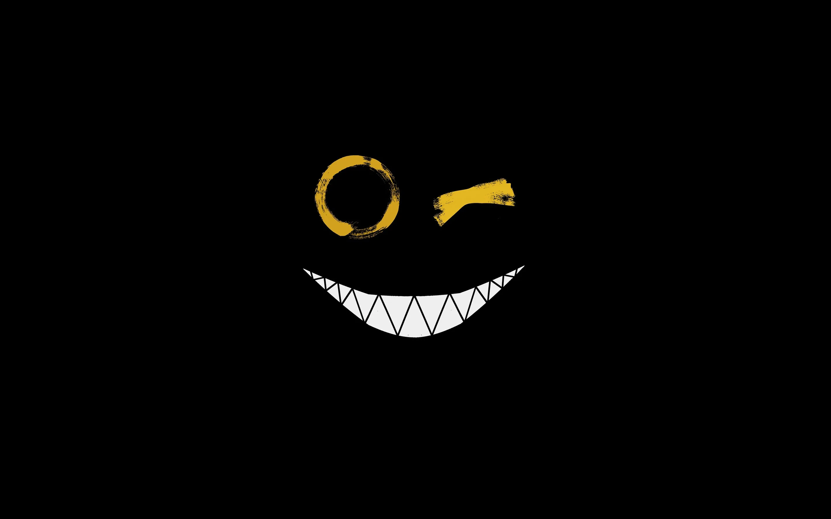 A wide toothy grin and one winking yellow eye drawn simply on a solid black background.